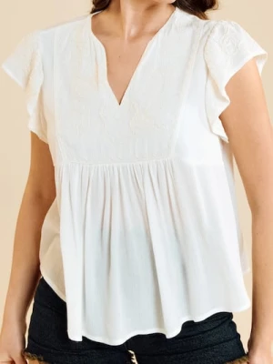 Sinsay - Wiskozowa bluzka z dekoltem V i dekoracyjnym haftem - kremowy