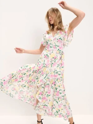 Sinsay - Wiskozowa kopertowa sukienka midi w kwiaty - kremowy