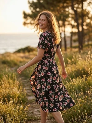 Sinsay - Wiskozowa kopertowa sukienka midi w kwiaty - wielobarwny