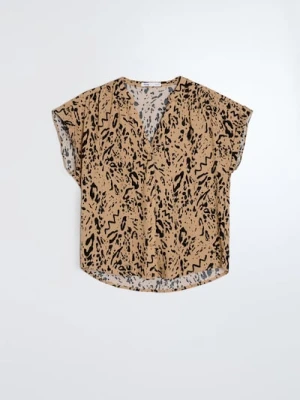 Sinsay - Wiskozowa koszula z krótkim rękawem w panterkę - beżowy