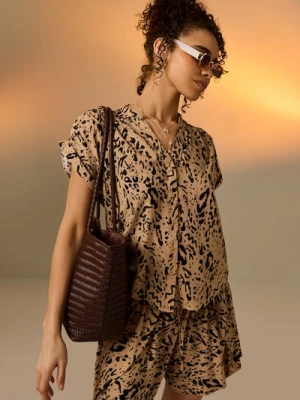 Sinsay - Wiskozowa koszula z krótkim rękawem w panterkę - beżowy