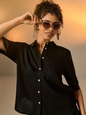 Sinsay - Wiskozowa koszula z krótkim rękawem z domieszką lnu - czarny