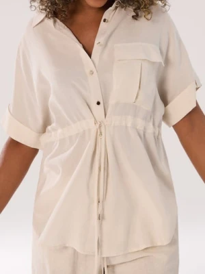 Sinsay - Wiskozowa koszula z krótkim rękawem z domieszką lnu - kremowy
