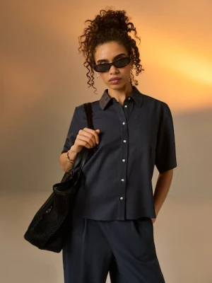 Sinsay - Wiskozowa koszula z krótkim rękawem z domieszką lnu - niebieski