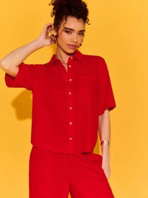 Sinsay - Wiskozowa koszula z krótkim rękawem z domieszką lnu - pomarańczowy