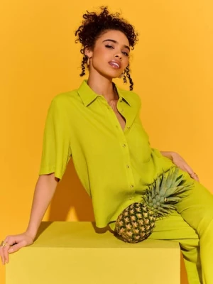 Sinsay - Wiskozowa koszula z krótkim rękawem z domieszką lnu - zielony