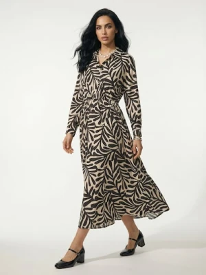 Sinsay - Wiskozowa koszulowa sukienka midi w roślinny wzór - wielobarwny