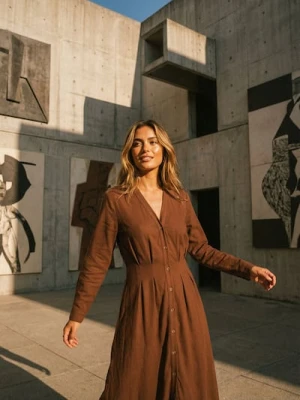 Sinsay - Wiskozowa koszulowa sukienka midi z domieszką lnu - brązowy