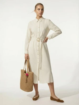 Sinsay - Wiskozowa koszulowa sukienka midi z domieszką lnu - kremowy
