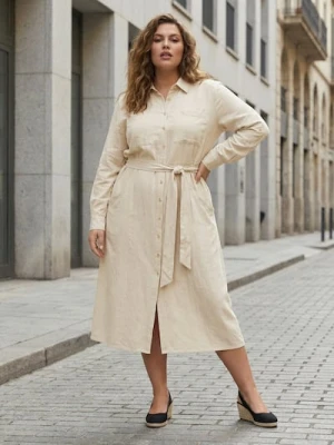 Sinsay - Wiskozowa koszulowa sukienka midi z domieszką lnu PLUS SIZE - kremowy