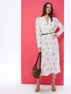 Sinsay - Wiskozowa koszulowa sukienka midi z domieszką lnu w kwiatowy nadruk - wielobarwny