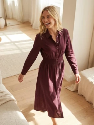 Sinsay - Wiskozowa koszulowa sukienka midi z ozdobnym marszczeniem - bordowy