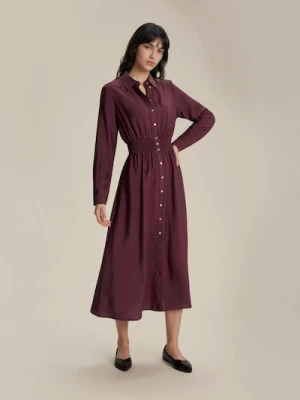 Sinsay - Wiskozowa koszulowa sukienka midi z ozdobnym marszczeniem - bordowy
