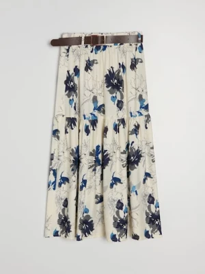Sinsay - Wiskozowa spódnica midi w kwiatowy wzór z paskiem - wielobarwny