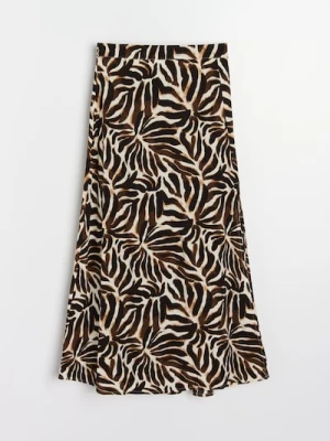 Sinsay - Wiskozowa spódnica midi z rozcięciem w roślinny wzór - brązowy