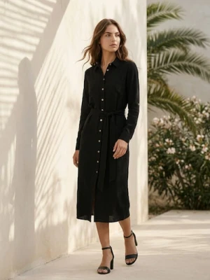 Sinsay - Wiskozowa sukienka koszulowa z domieszką lnu - czarny