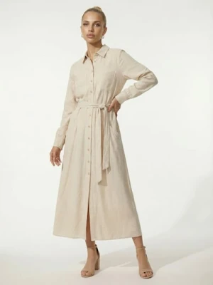 Sinsay - Wiskozowa sukienka koszulowa z domieszką lnu - kremowy