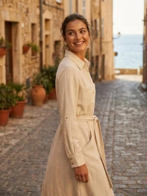 Sinsay - Wiskozowa sukienka koszulowa z domieszką lnu - kremowy