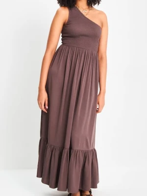 Sinsay - Wiskozowa sukienka midi na jedno ramię z falbaną - brązowy