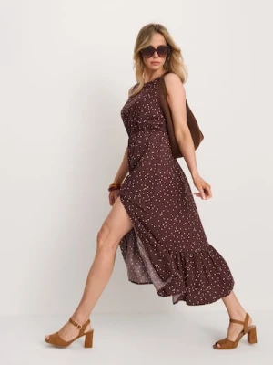 Sinsay - Wiskozowa sukienka midi w kropki z falbanką - brązowy