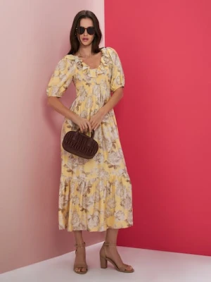 Sinsay - Wiskozowa sukienka midi z bufiastymi rękawami i marszczeniem - wielobarwny