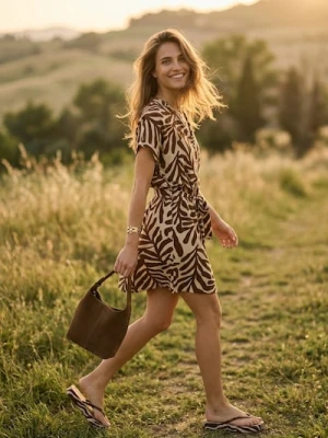 Sinsay - Wiskozowa sukienka mini z materiałowym paskiem - brązowy