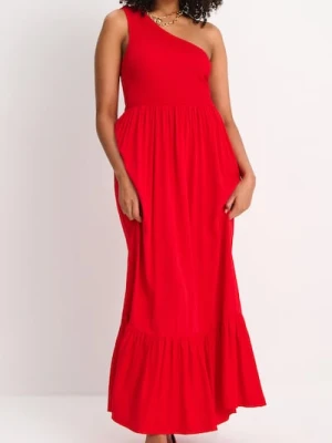 Sinsay - Wiskozowa sukienka na jedno ramię z falbaną - czerwony