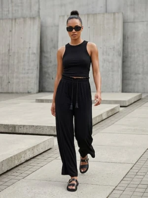 Sinsay - Wiskozowe spodnie wide leg z ozdobnym wiązaniem - czarny