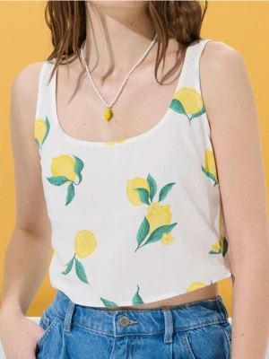 Sinsay - Wiskozowy crop top ze wzorem w cytryny - biały