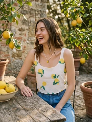 Zdjęcie produktu Sinsay - Wiskozowy crop top ze wzorem w cytryny - biały