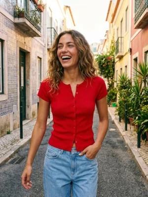 Sinsay - Wiskozowy sweter z krótkim rękawem - czerwony