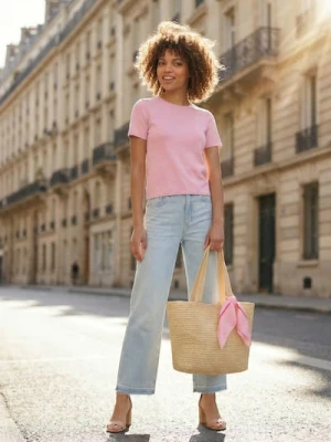 Sinsay - Wiskozowy sweter z krótkim rękawem - różowy