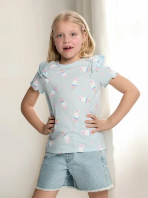 Sinsay - Wzorzysta koszulka z ozdobnymi falbanami - błękitny