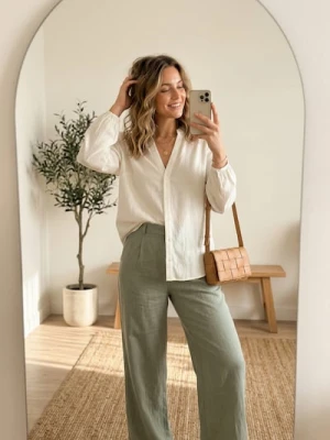 Sinsay - Żakardowa koszula z bufiastym rękawem - kremowy