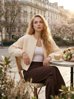 Sinsay - Żakardowa kurtka bomber z haftowanymi kwiatami - kremowy