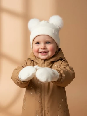 Sinsay - Zestaw: Bawełniana czapka z pomponami i rękawiczki - kremowy