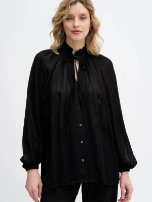 Sisley koszula damska kolor czarny relaxed z wiązanym dekoltem 5FGXLQ0A5