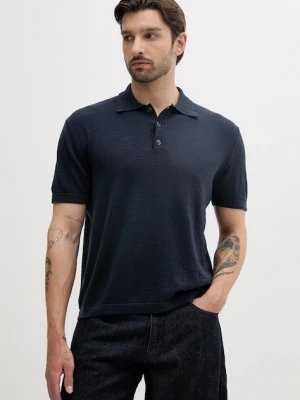 Sisley polo z domieszką lnu męski kolor granatowy gładki 105GS300L