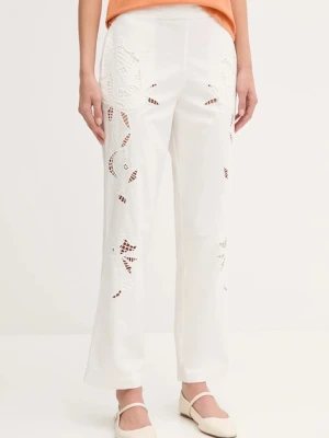 Sisley spodnie damskie kolor biały fason chinos high waist 48R0LF075