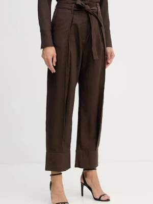 Sisley spodnie damskie kolor brązowy szerokie high waist 4ETSLF082