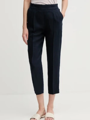 Sisley spodnie lniane damskie kolor granatowy proste high waist 4AGHLF00S