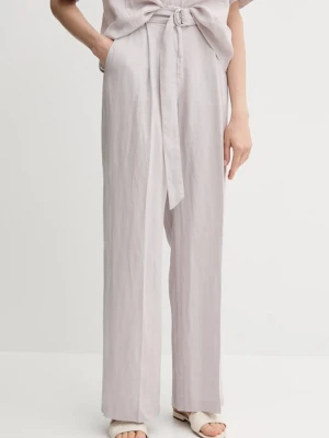 Sisley spodnie lniane damskie kolor szary proste high waist 4AGHLF06U
