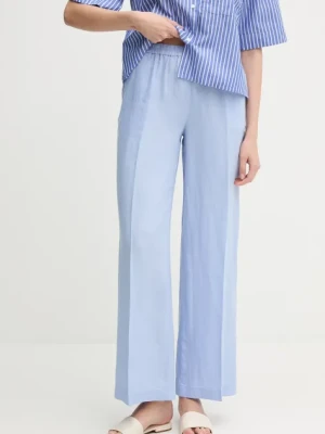 Sisley spodnie lniane kolor niebieski szerokie high waist