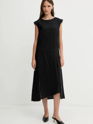 Sisley sukienka lniana kolor czarny midi prosta 4AGHLV073