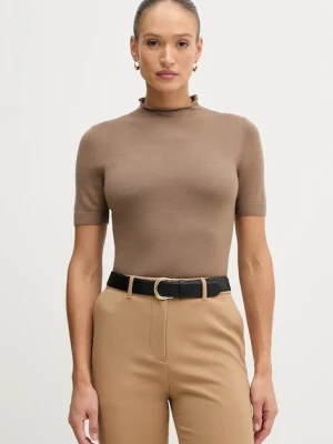 Sisley sweter z dodatkiem wełny damski kolor brązowy z półgolfem 11BAM105P