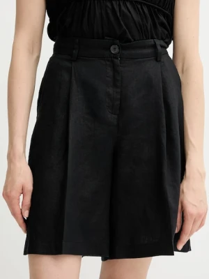 Sisley szorty lniane damskie kolor czarny gładkie high waist 4AGHL901K