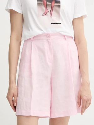 Sisley szorty lniane damskie kolor różowy gładkie high waist 4AGHL901K