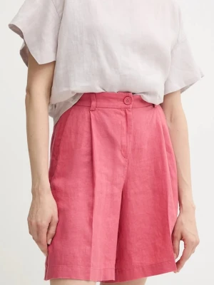 Sisley szorty lniane damskie kolor różowy gładkie high waist 4AGHL901K