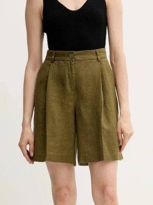 Sisley szorty lniane damskie kolor zielony gładkie high waist 4AGHL901K