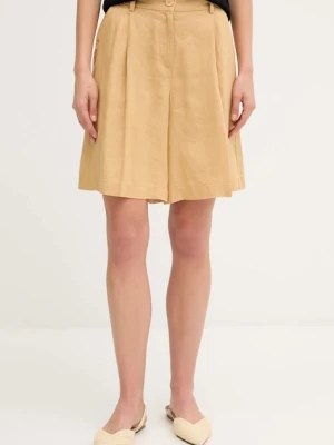 Sisley szorty lniane damskie kolor zielony gładkie high waist 4AGHL901K